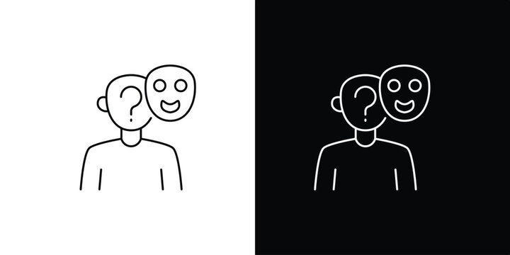 Minimalist line art icon illustration exploring identity dilemmas, hidden emotions, and the concept of a masked persona or true self beneath a facade