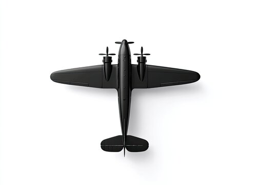 Overhead view of a sleek, black, twin-engine propeller airplane on a white background