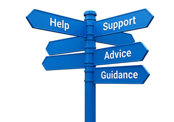 Fototapeta premium Blue directional signpost with help support advice and guidance signs
