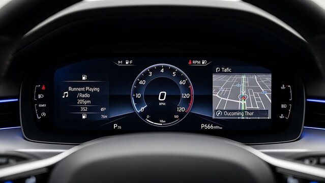 Digital dashboard interface showing navigation and vehicle information inside a modern luxury sedan car cabin