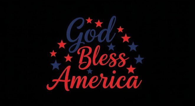 God bless america typography design with red and blue stars on black background
