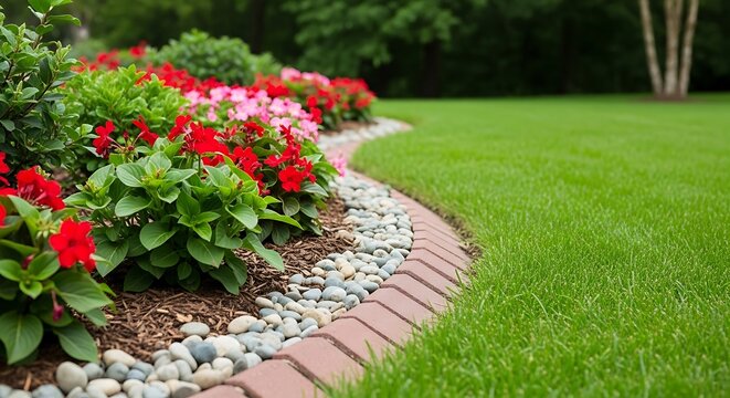 A vibrant garden bed overflowing with red and pink flowers, bordered by bricks and rocks, lush green grass