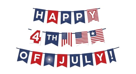 Fototapeta premium Happy 4th of july bunting banner with american flag patterns isolated on white background