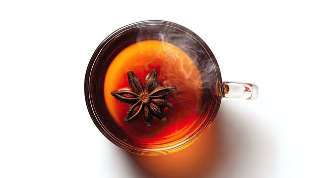 Top view of steaming mulled wine with orange slice and star anise