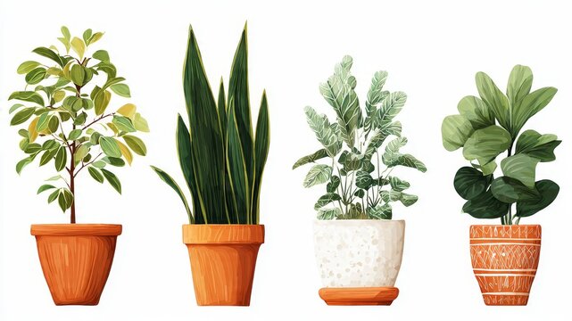 Collection of four potted house plants illustration including snake plant and fiddle leaf fig isolated on white background