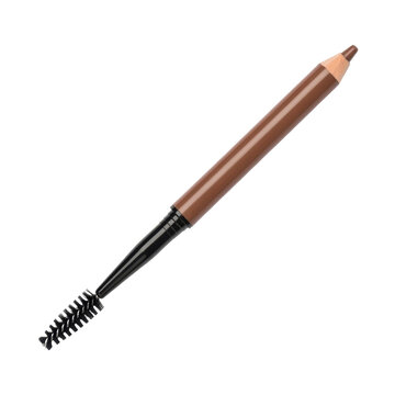 Brown eyebrow pencil with spoolie brush isolated on white background. Professional makeup tool for brow shaping and filling.