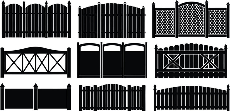 Fence and Gate Silhouettes Set Vector, Wooden and Decorative Garden Fencing Collection Isolated on White Background
