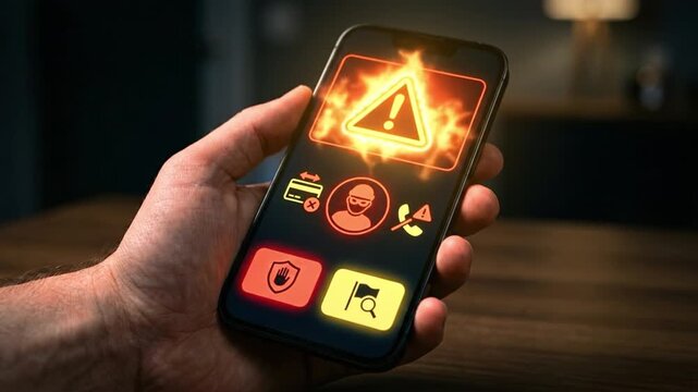 Smartphone security alert warning icon phishing risk cyber threat hand holding phone dark background glowing screen fraud warning online safety digital danger mobile phone warning icon hand holding