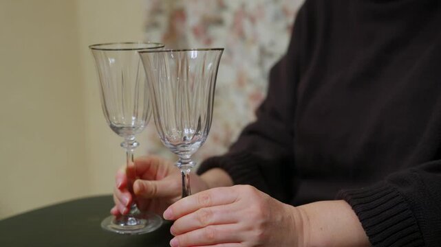 A close up of a woman's hands holding two empty, elegant, fluted wine glasses, hitting, striking, clinking glasses, while sitting at a dark table. She wears a dark sweater, waiting for a toast.