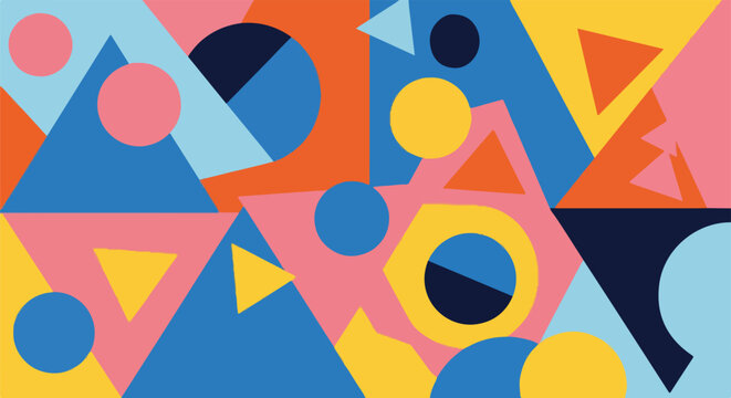 Colorful geometric shapes in varied sizes and hues overlap