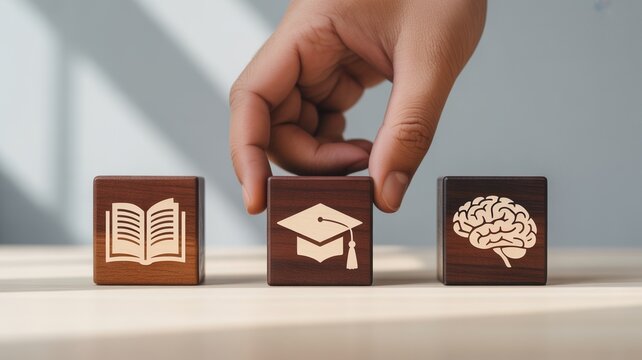 A hand placing a wooden block with a graduation cap on top of two other blocks with an open book and a brain, symbolizing education and learning.