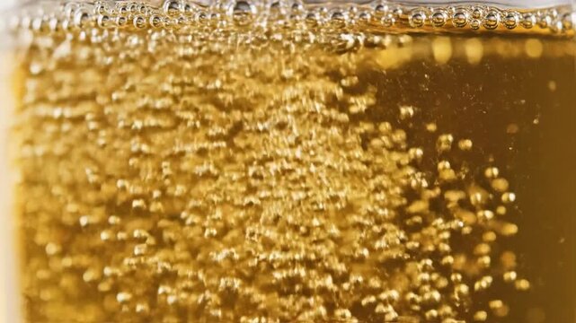 Golden beer bubbling in a glass with carbonated foam and fizzing bubbles
