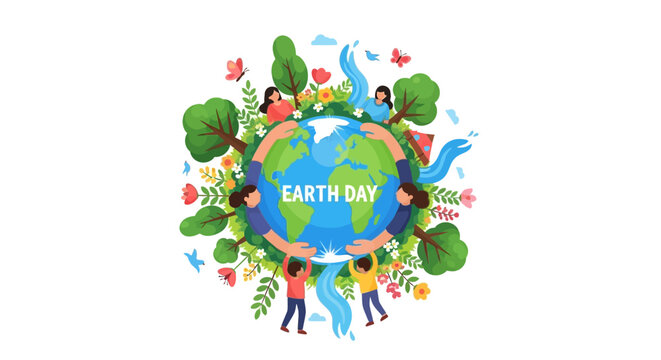 A vibrant vector illustration celebrates Earth Day, depicting people surrounding the globe with outstretched hands, adorned with trees and flowing water, conveying a sense of environmental