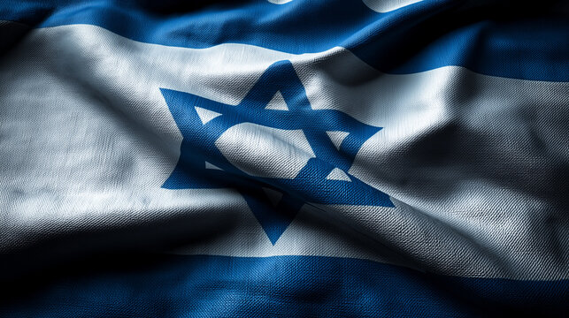 A close-up view of the textured Israeli flag with the Star of David prominently displayed.