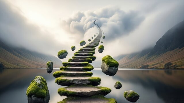 A staircase of floating, moss-covered stones ascending into a low-hanging cloud in a still valley, where the steps disappear into the mist, inviting and unsettling.