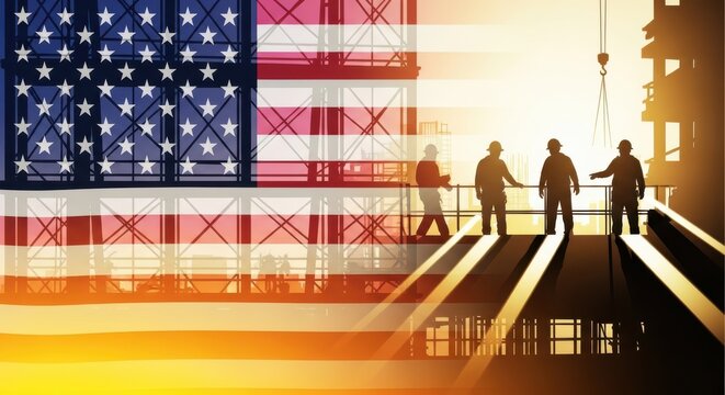 American construction workers on building site with usa flag overlay at sunset