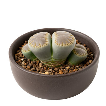 Lithops succulent in brown pot with textured surface and pebble soil isolated on white background