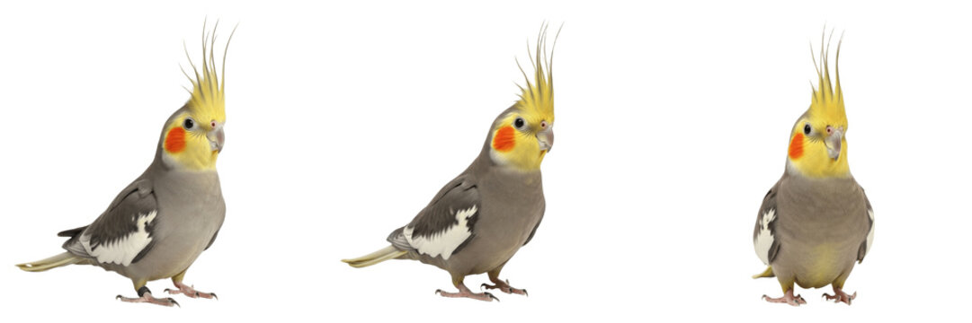 Cockatiel Nymphicus hollandicus standing with raised crest, calopsitte &eacute;l&eacute;gante, Nymphensittich, Australian crested parrot, yellow crest bird, pet cockatiel behavior, bird crest display.