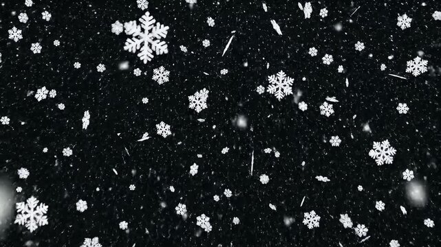 White snowflakes falling against dark winter night background