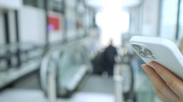 Hand holds phone, blurred escalator in background. Person steps on moving stairs. Modern indoor space, no animals or plants. Focus on device, not surroundings. Shallow depth of field, bright lighting