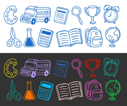 colorful hand drawn back to school doodle elements set on white and dark backgrounds. vector illustration of vibrant educational icons and student supplies