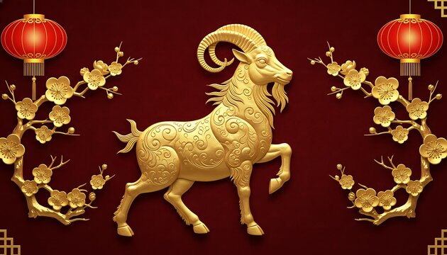 Modern Luxury Chinese New Year 2027 Gold Goat on Red Background. Chinese New Year / Lunar New Year celebration (Year of the Goat 2027)
