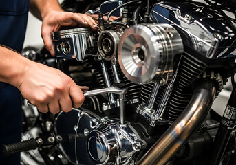 Fototapeta premium Mechanic repairing a motorcycle engine with a wrench in closeup detail