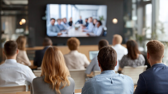 Audience of corporate employees watching virtual global town hall meeting on large screen. Large diverse business team attending remote video conference or webinar presentation.