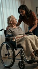 Compassionate caregiver helping elderly woman in wheelchair for senior healthcare and home care services