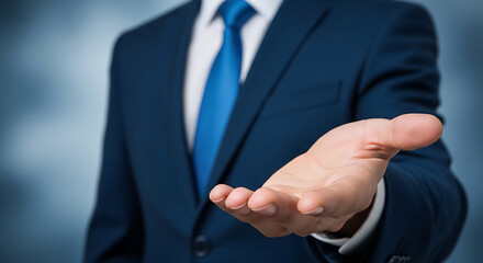 Fototapeta premium Man in blue suit extending open hand for handshake or greeting, business concept