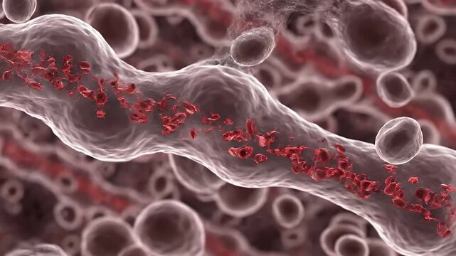 Abstract Close Up of Red Blood Cells Flowing Through Capillaries in Medical Animation with Deep Depth of Field and Soft Lighting