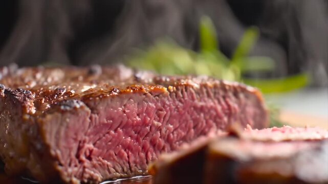 Juicy beef steak sliced with knife, tender medium rare meat with rich texture and steam. Fresh grilled steak, close up macro shot, delicious food concept, restaurant style meal, quality protein dish