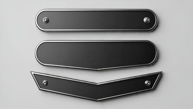 Set of three blank dark metal nameplates with silver trim and rivets, isolated on a neutral background, perfect for customization and design projects