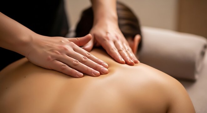Close-up of a person receiving a back massage, with focus on hands and upper body