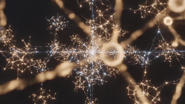 Abstract interconnected glowing orange and blue nodes and lines form a complex neural network structure with sparkling light