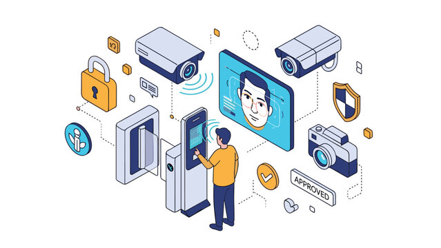 High-tech biometric security concept featuring a person undergoing facial recognition at an automated gate with surveillance cameras.