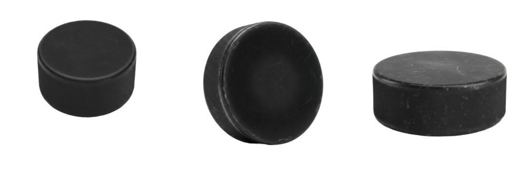 Ice Hockey Puck isolated on white background, Vulcanized Rubber, Rondelle de Hockey, Disco de Hockey, Professional Game Puck, Winter Sports Equipment.