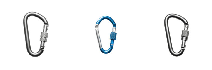 Metal Climbing Carabiner isolated on white background, Mousqueton, Mosquetón, Mountaineering Hardware, Safety Locking D-ring, Climbing Gear.