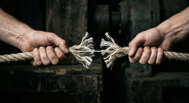 Close up of hands pulling a fraying rope until breaking point, concept of tension, risk and crisis.