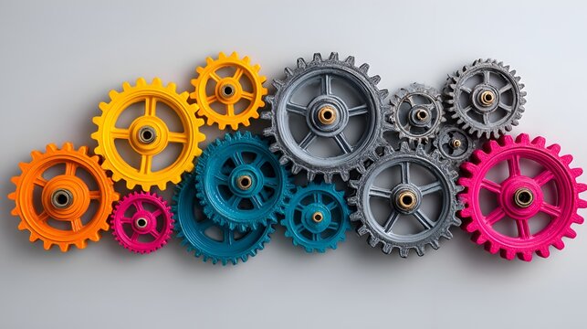 A colorful collection of interlocked gears and cogs is displayed on a plain background, representing teamwork and effective mechanical processes.