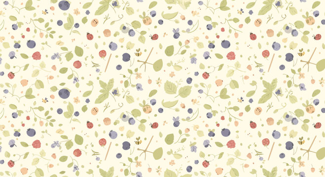Seamless Pattern of Delicate Watercolor Berries, Leaves, and Ladybugs on Creamy Background