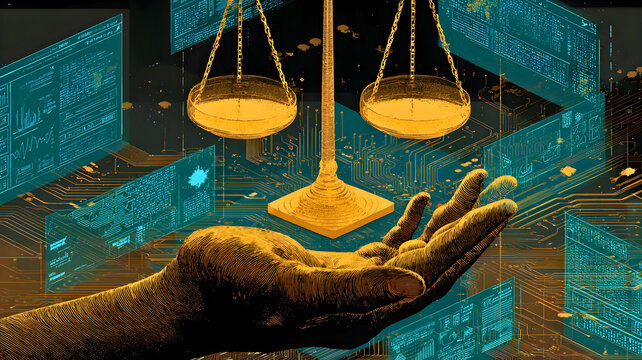 Digital Justice: An artistic interpretation showing the balance of justice being upheld and supported by a hand, symbolizing fairness and legal technology.