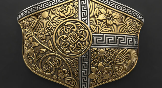 Ornate gold and silver shield with intricate floral and Celtic knotwork