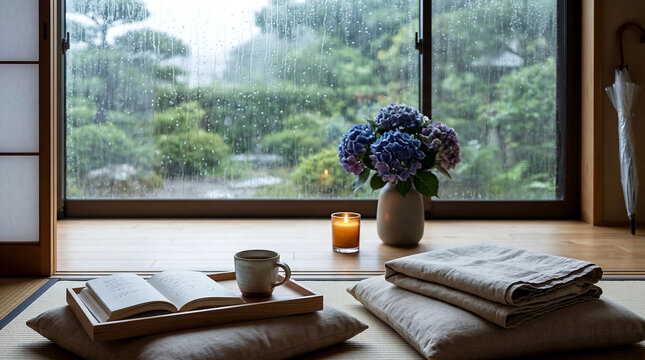 Cozy Japanese interior on rainy day with hydrangea arrangement rain-streaked window and warm candlelight reading nook