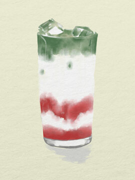 Watercolor Illustration of an Iced Strawberry Matcha Latte with Layers and Ice Cubes