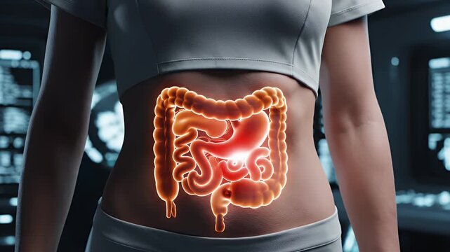 Caucasian woman torso female digestive system hologram glowing blue and green science technology medical background