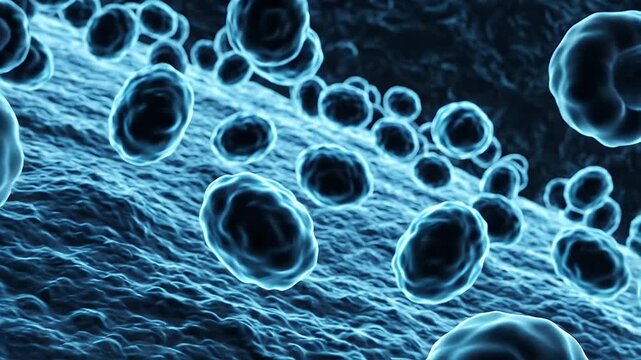 Cellular Mitochondria Energy Production Microscopic View Glowing Orbs Vibrant Blue Background Digital Animation