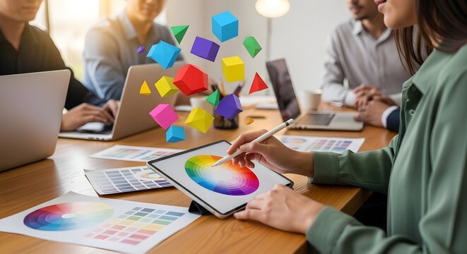 Design Team Collaboration: Graphic Designer Using Tablet with Color Wheel and 3D Shapes