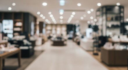 Obraz premium A blurred, bright interior of a modern department store or shopping mall with warm lighting.