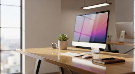 Fototapeta premium Modern minimalist home office setup with a computer, potted plant, and natural light from a large window.